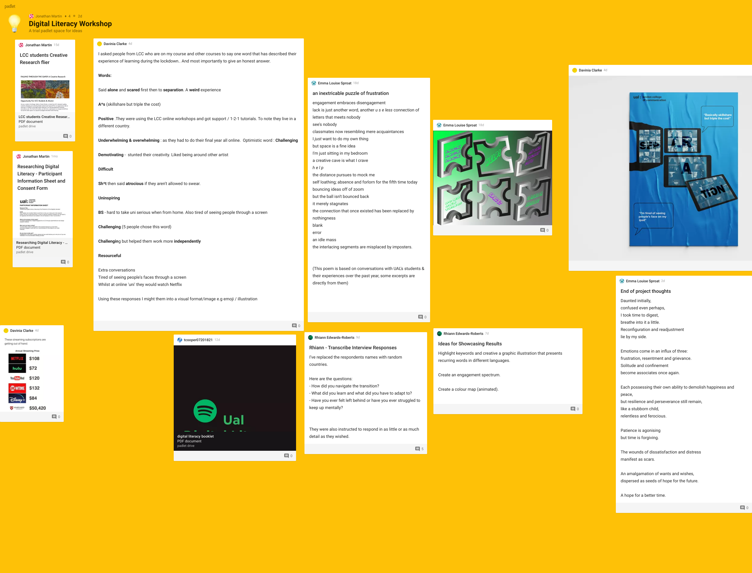 Image of our Padlet for Falling Through the Gaps.